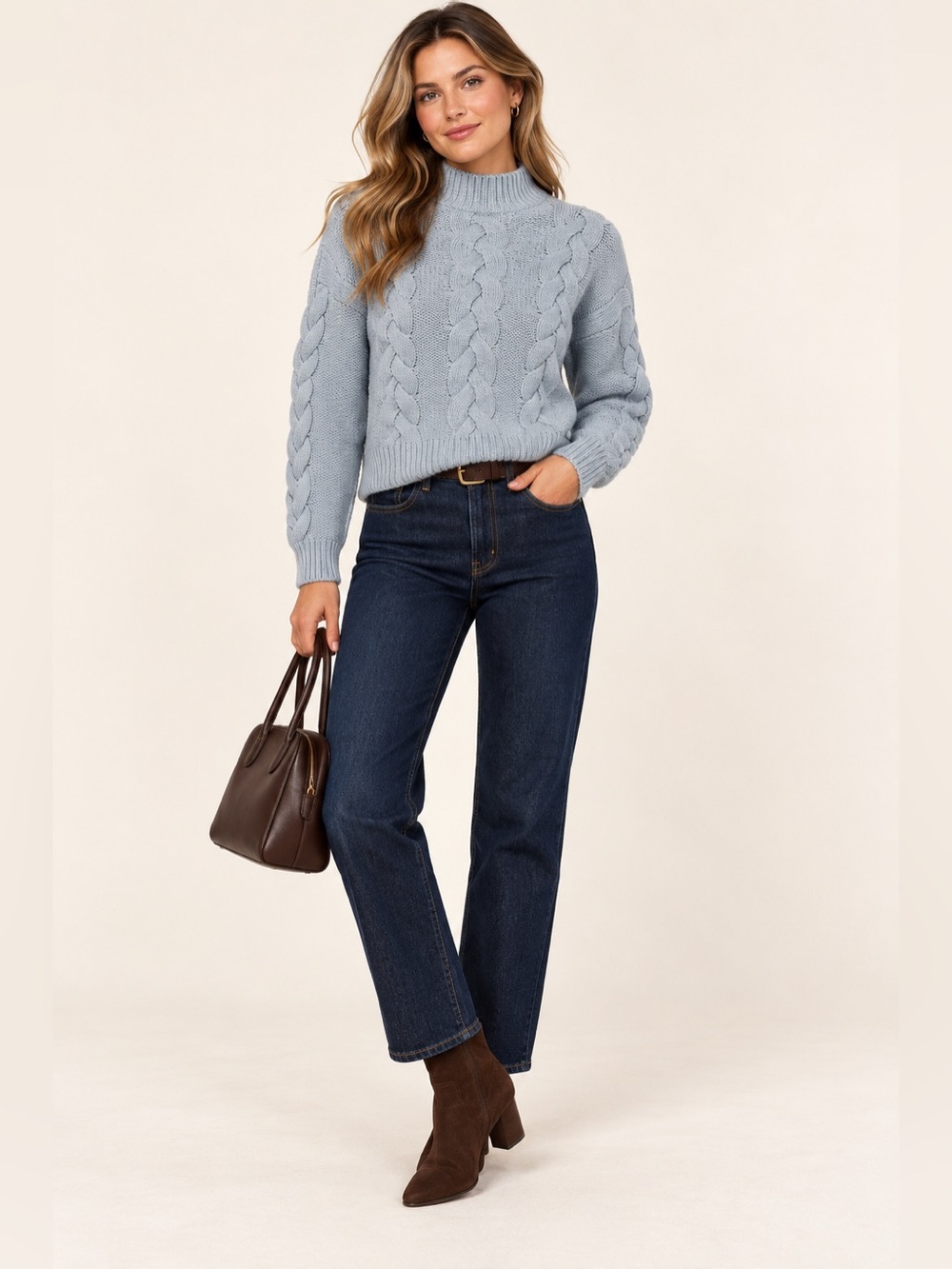 Madewell Light Blue Cable Knit Mock Neck Sweater Womens Small Cropped